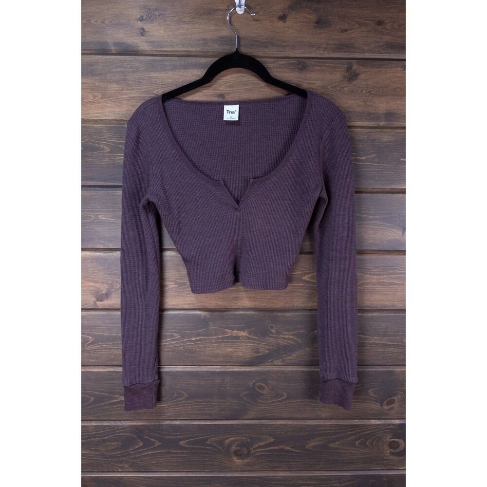 Aritzia Tna Waffle Scoopneck Long Sleeve Dark Plum XS Cropped Thermal